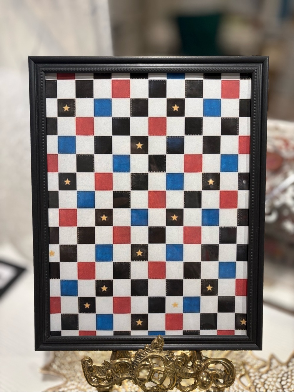 Framed Iconic Checkered Wall Art with Red & Blue Accents 8x10